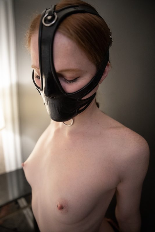 A photo album of Mbot & Cam Damage showing bare skin with black & red leather. Tagged with: neck corset, kitten, armbinder, leather, muzzle & straitjacket. Posted October 2019.