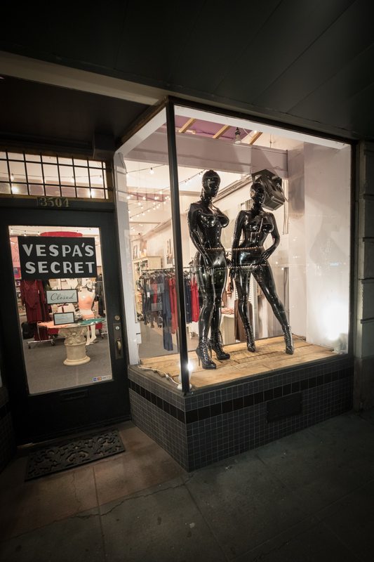A sexy photograph of Vespa &amp; Rope Candy in black latex. Tagged with: in public. Posted February 2019.