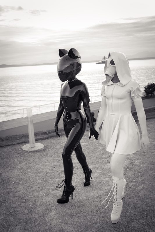 A sexy photograph of Vespa & Nico in black & white latex. Tagged with: in public & space kitten. Posted January 2018.