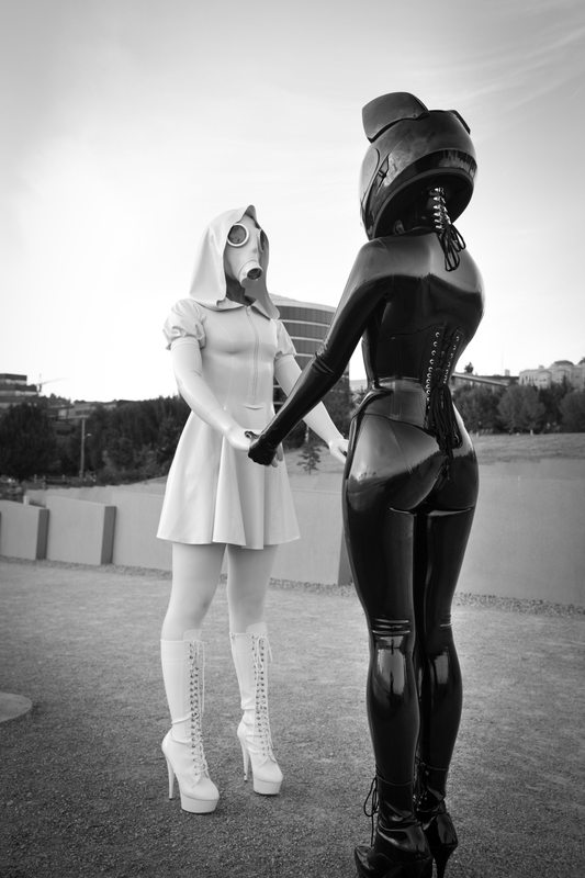 A sexy photograph of Vespa & Nico, in black & white latex. Tagged with: in public & space kitten. Posted January 2018.