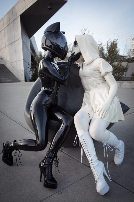 A sexy photograph of Vespa & Nico in black & white latex. Tagged with: in public & space kitten. Posted January 2018.