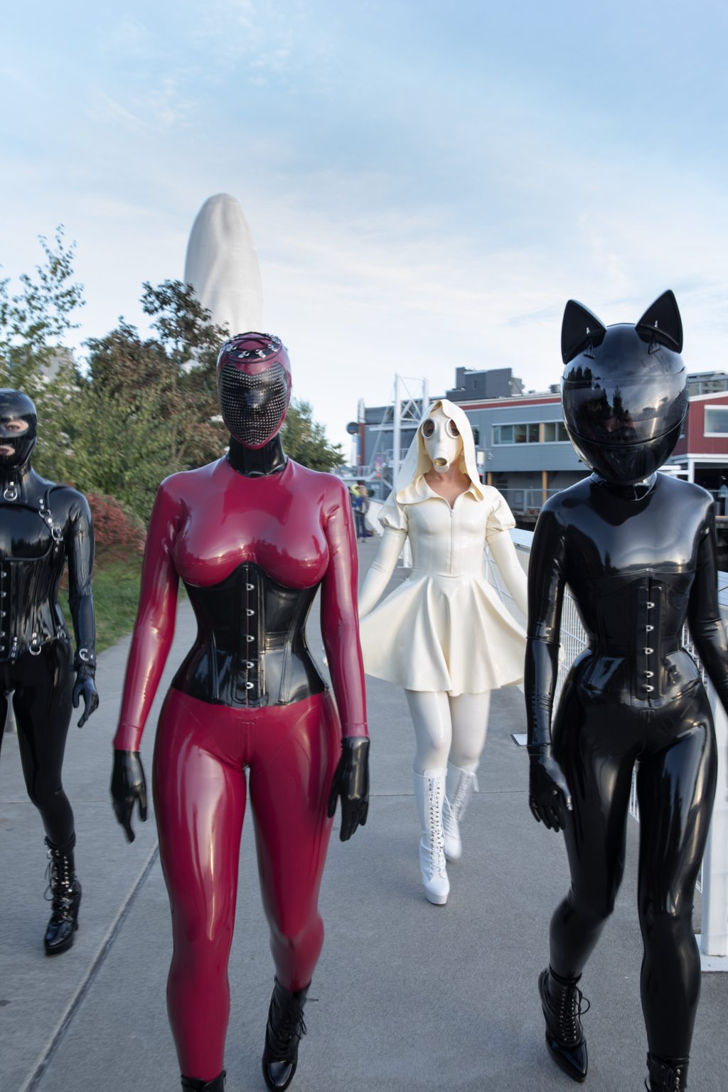 Art Walk A photo album of Vespa, Nico & Rope Candy, in black, white & red latex. Tagged with: in public & space kitten. Posted January 2018.