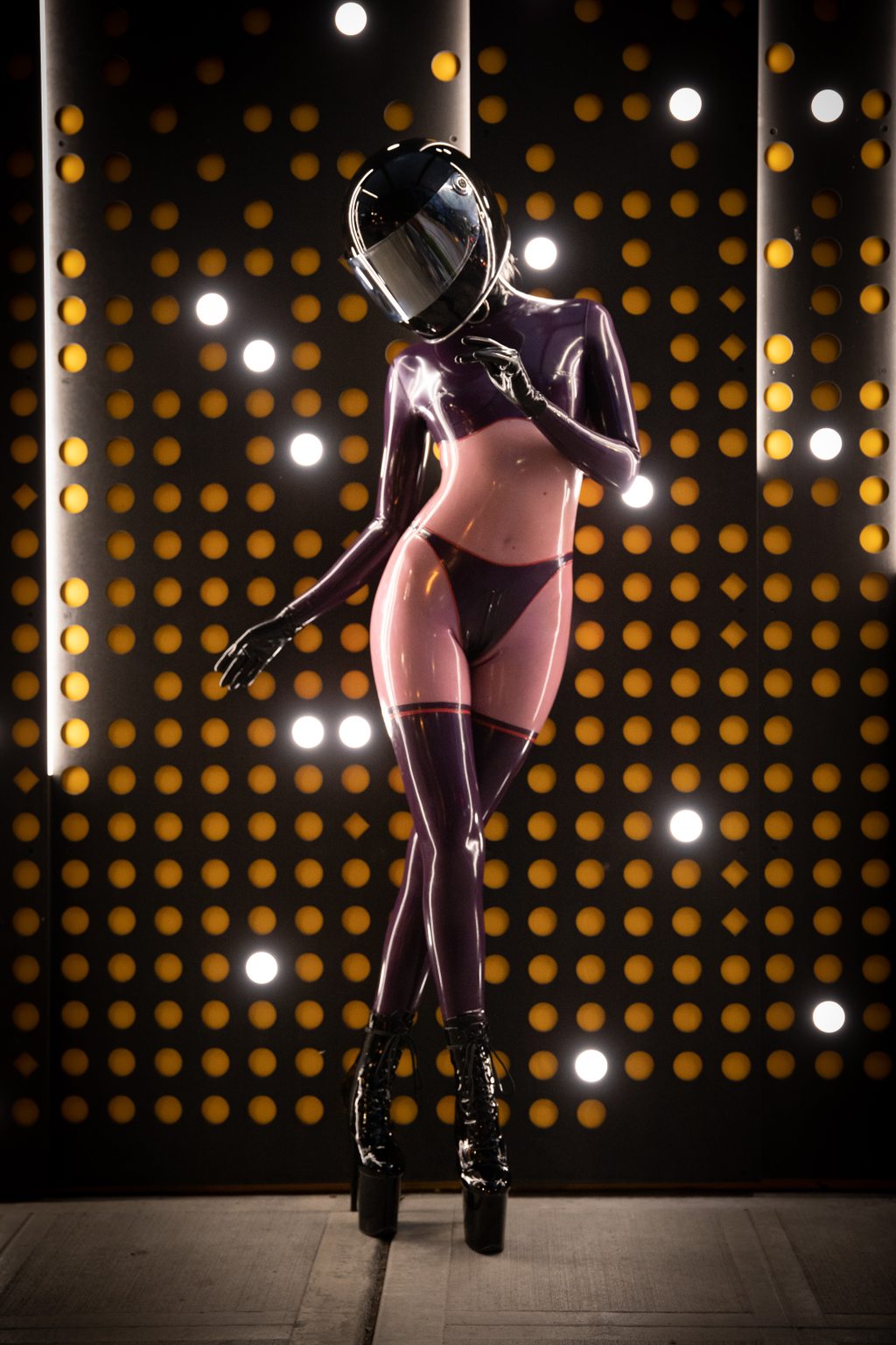 Exhibition A photo album of Defiantly Yours, in purple & pink & transparent latex. Tagged with: in public & moto helmet. Posted January 2020.