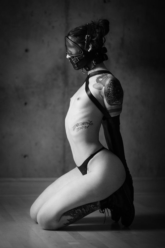 A sexy photograph of Cam Damage. Tagged with: leather, armbinder, muzzle & tattoos. Posted February 2019.