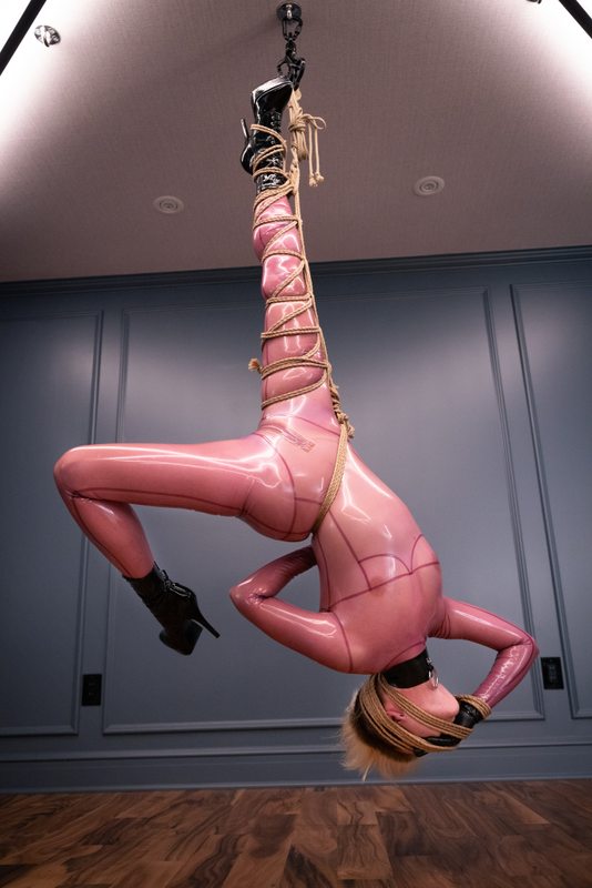 A photo album of Vespa & Tie Rope Take Photo in transparent & purple & pink latex. Tagged with: rope / shibari. Posted June 2021.