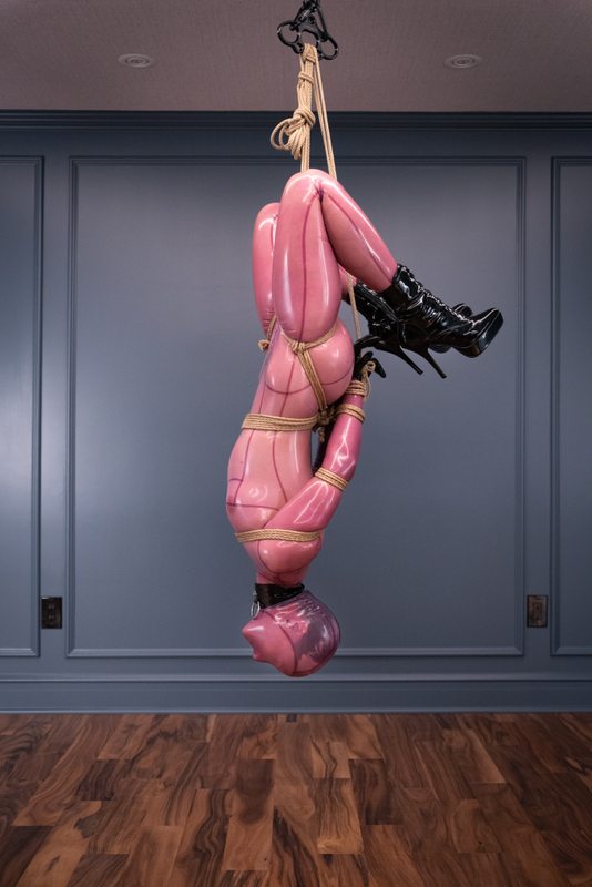 A sexy photograph of Vespa & Tie Rope Take Photo in transparent & purple & pink latex. Tagged with: rope / shibari. Posted June 2021.