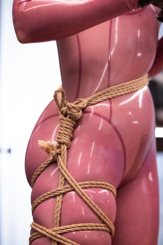 A sexy photograph of Vespa & Tie Rope Take Photo in transparent & purple & pink latex. Tagged with: rope / shibari. Posted June 2021.