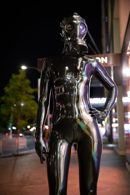 A sexy photograph of Vespa in black latex. Tagged with: in public & gasmask. Posted June 2019.