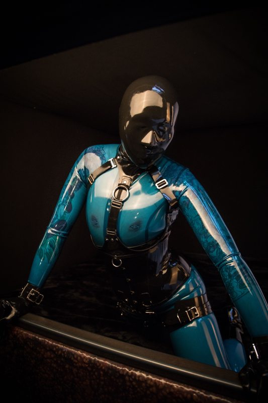 A sexy photograph of Ms Pervology, in blue & transparent latex. Tagged with: tattoos. Posted November 2016.